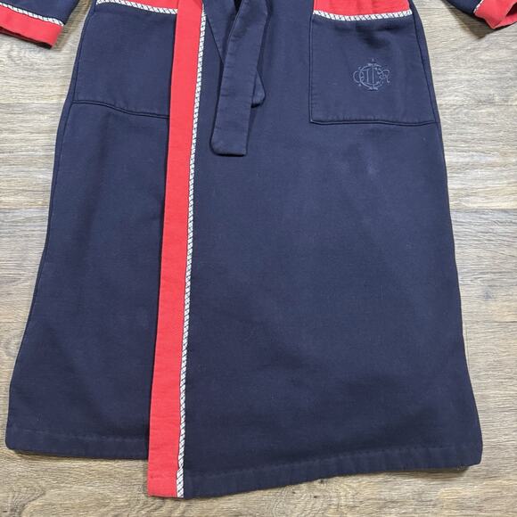 Vintage CHRISTIAN DIOR Blue Red Fleece Bath Robe Lounging Tie Belt Mens L - Picture 4 of 14